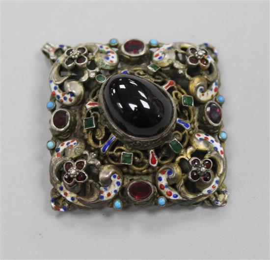 A 19th century Austro Hungarian silver gilt?, enamel and gem set pendant brooch, 6cm.